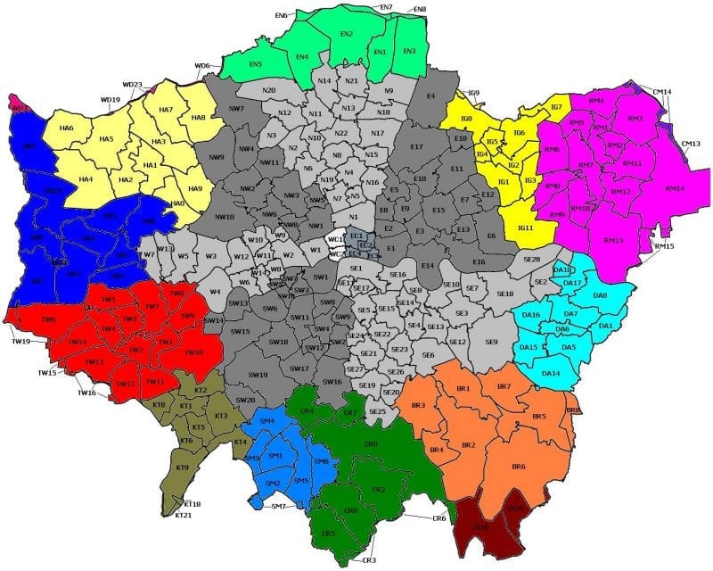 Mapa de Zonas de Londres con los Códigos Postales (zonas 1, 2 y 3)