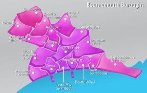 Barrios de la ciudad de Bournemouth y buscar trabajo e Inglaterra